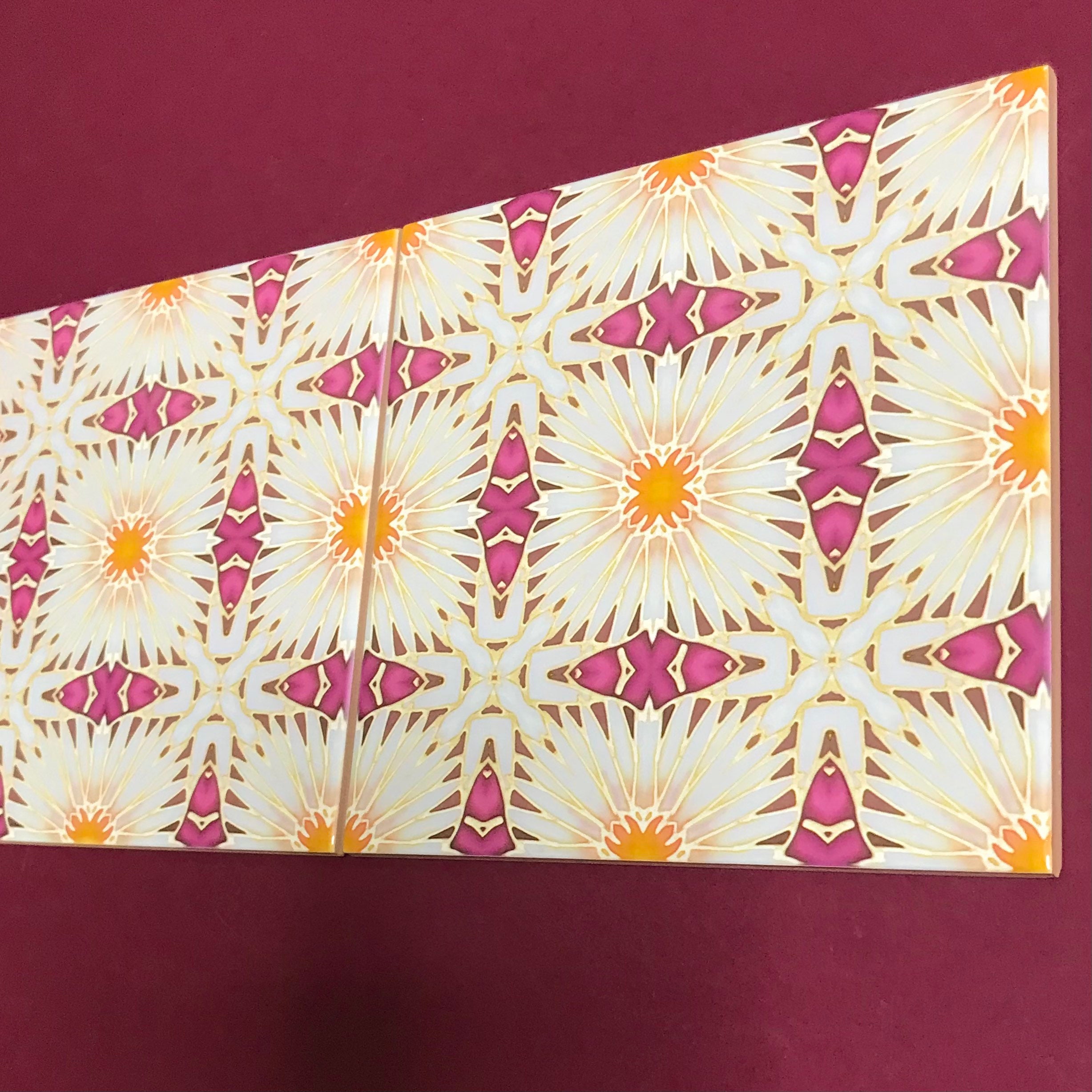 Plum White Gold Art Deco Daisy Flower Hand Printed Wall Tile - Bathroom ...