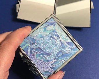 Blue Turtles Handbag Mirror - Turquoise and Blue Aqua Pocket Mirror - Gift Compact Mirror - Folding Makeup Mirror