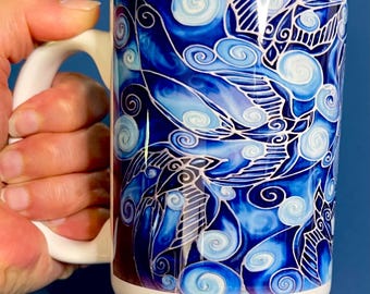 Blue Swallows Mug - Blue XL or Regular Size Coffee Tea Cup – Optional Coaster Gift Set – Gift for Tea Lover, Coffee Drinker, Coworker