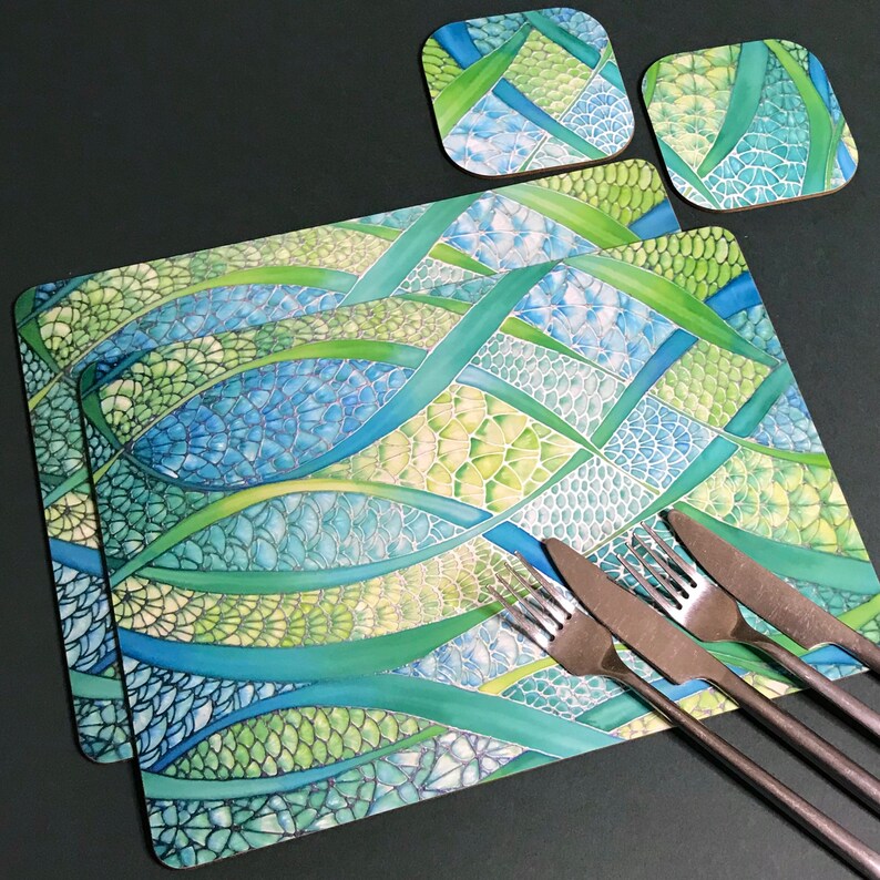 Green Table Mat & Drinks Coaster Set Mint Water Pattern Wine Etsy UK