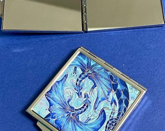 Blue Dragons Handbag Mirror - Turquoise and Blue Aqua Pocket Mirror - Gift Compact Mirror - Folding Makeup Mirror. Dragon lovers gift