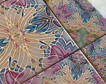 Butterfly Flowers set of different Tile designs - pastel Hand Printed Wall Tile - Butterflies Bathroom Kitchen Tile - Bohemian Decor