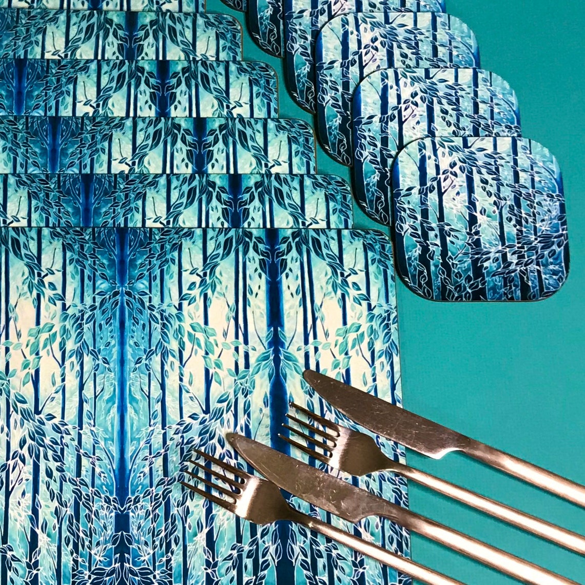 Teal Blue Placemats and Coasters Trees Rectangular Dining Etsy