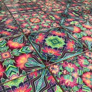 Mixed Set of 20 Hand Printed Purple Iris Tiles - Kaleidoscope Repeats Patterns in Purple Pink Green Aqua - Bathroom or Kitchen Wall Tile