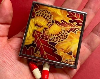 Red Leaf Pocket Pill Box - Square Handbag Medicine Container - Gift for Grandpa, Grandma, Mum, Dad. Get well present.