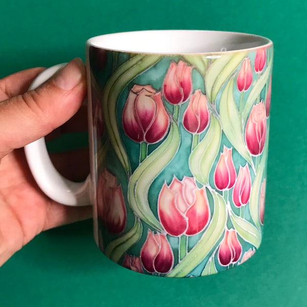 Tulip Coffee Mug OR Ceramic Mug & Coaster Box Set - Pink, Green Flower Tableware - Spring Silk Painting Print - Cadeau d’anniversaire pour jardinier