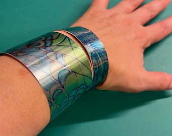 Green Aqua Teal Butterfly Sparkly Cuff Bracelet - Contemporary Womens Bangle Jewellery - Modern Design Jewelry in Blue Lilac Hues.