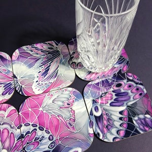 Butterfly Drinks Coaster Set  - Pretty Butterflies Mug Coasters - Pink, Purple & Grey Tableware Gift - Butterfly Kitchenware - Hostess Gift