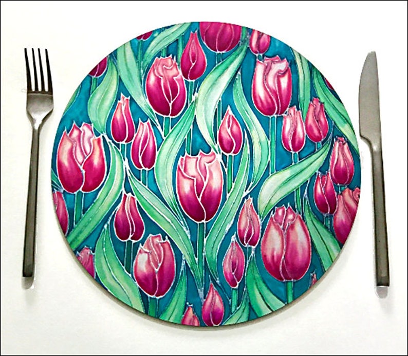 Tulip Flower Round Placemat Pink Tulips & Green Leaf Place Etsy