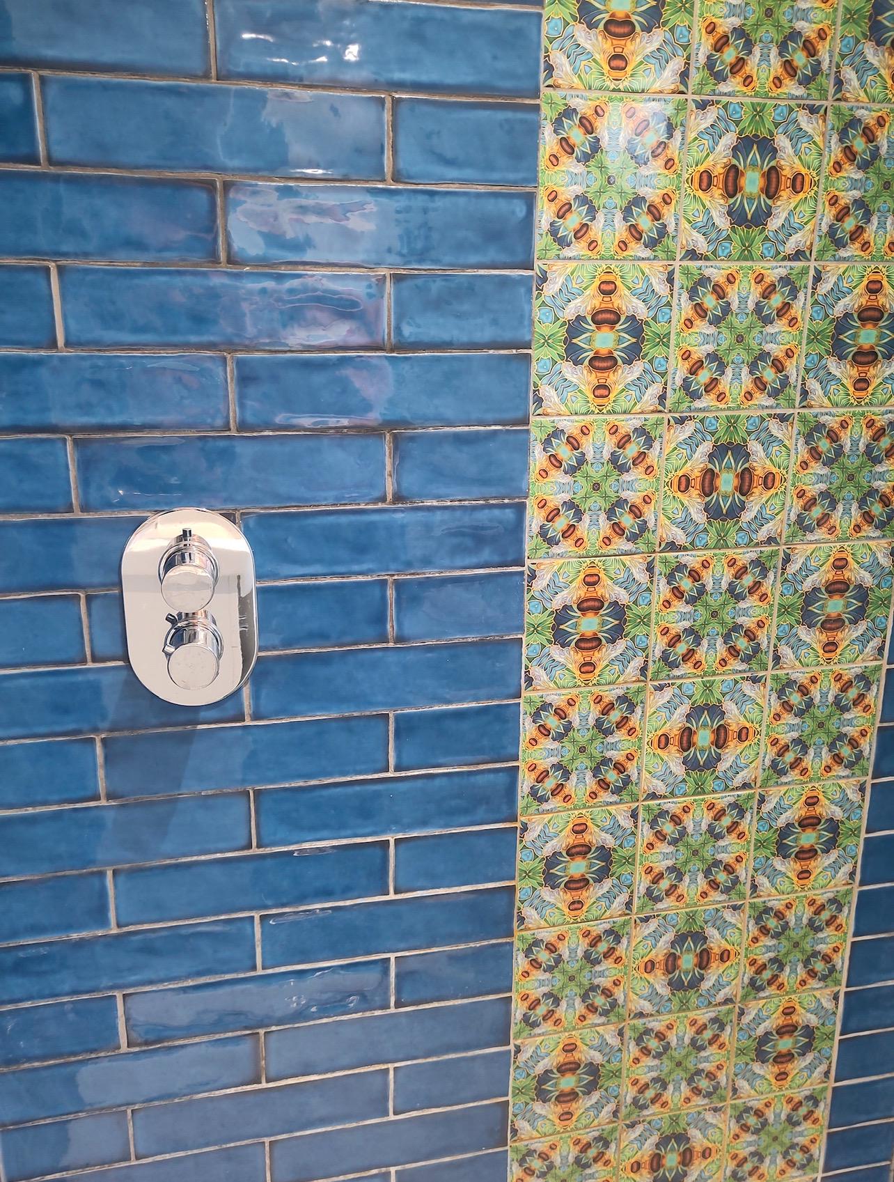 Mixed Set Hand Printed Bees and Flowers Tiles - Bohemian Style Blue Green  Gold Colours - Bathroom Kitchen Ceramic Wall Art Tiles - Etsy, image size:1284x1697