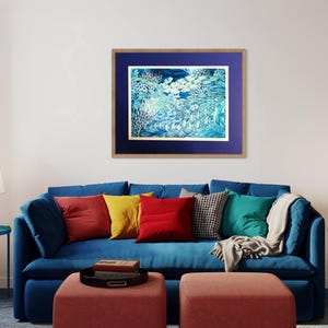 coral reef large art piece in blues and aquas. limited edition signed art print from an original painting on silk by Meikie. 65x85cm unmounted print with 2.5cm border, printed area 60x80cm.