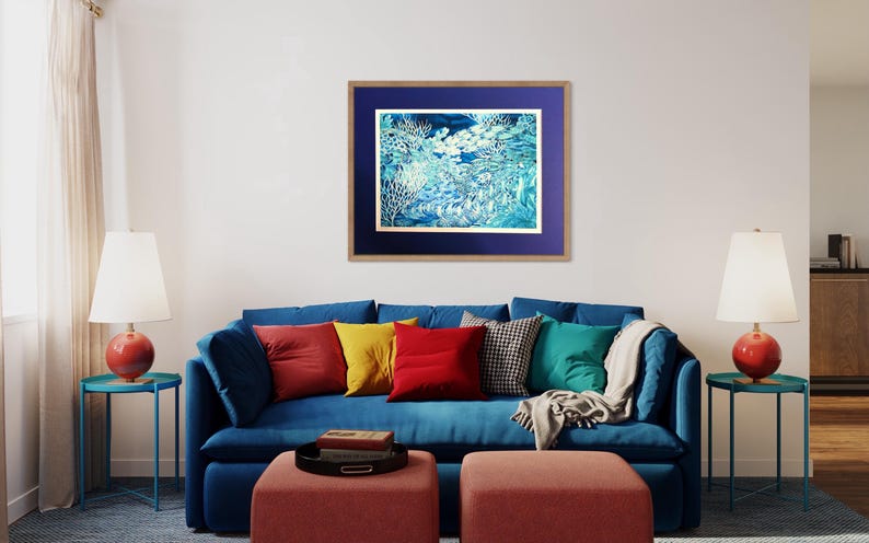 coral reef large art piece in blues and aquas. limited edition signed art print from an original painting on silk by Meikie. 65x85cm unmounted print with 2.5cm border, printed area 60x80cm.