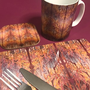 Rust Grey Red Chocolate Forest Rectangular Placemats & Coasters - Trees Dining Tablemats - Hard Wearing Melamine Style Tableware