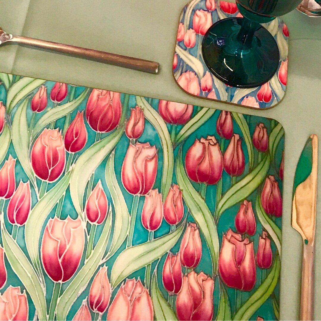 Tulips Rectangular Placemats and Coasters Pink Green Dining Decor