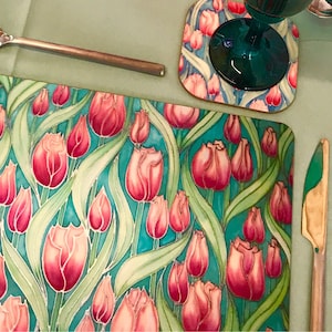 Tulips Rectangular Placemats and Coasters - Pink Green Dining Decor - Floral Table Mats - Hard Wearing Melamine Style