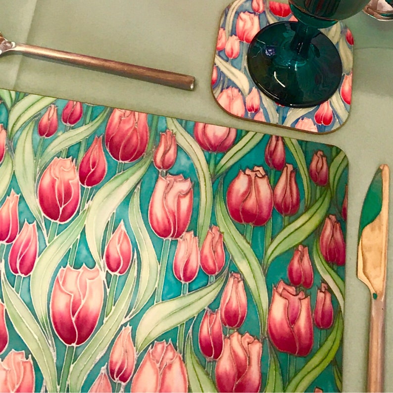 Tulips Rectangular Placemats and Coasters Pink Green Dining Etsy