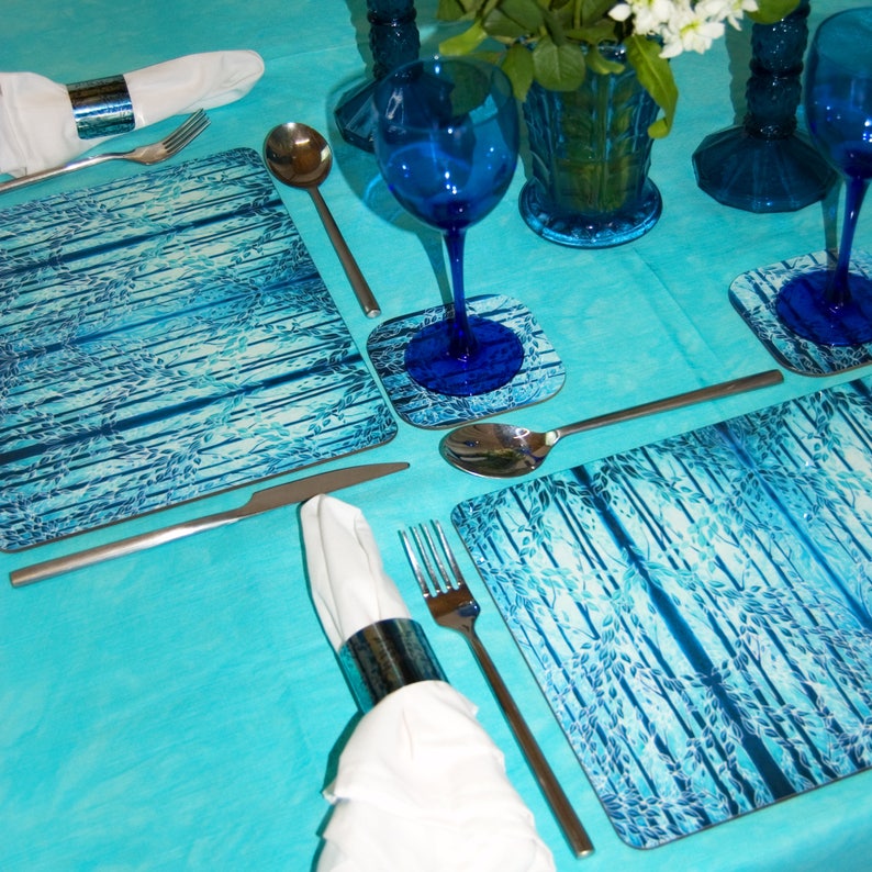 Teal Blue Placemats and Coasters Trees Rectangular Dining Etsy UK