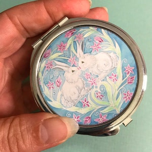 Miroir compact Cute Love Bunnies - Miroir pliant de poche amusant lapin blanc pour femme - Accessoire de sac à main cadeau