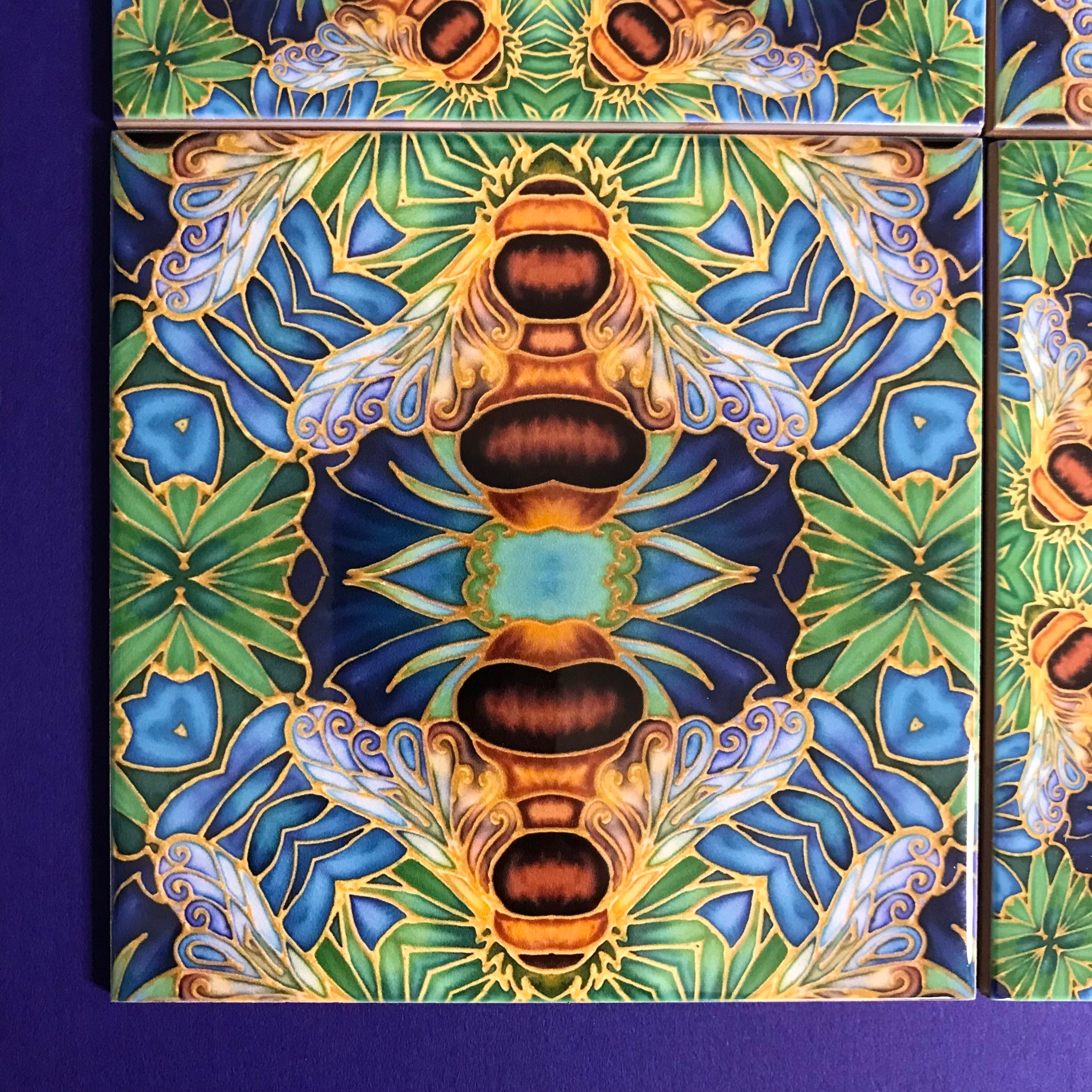 Mixed Set Hand Printed Bees and Flowers Tiles - Bohemian Style Blue ...