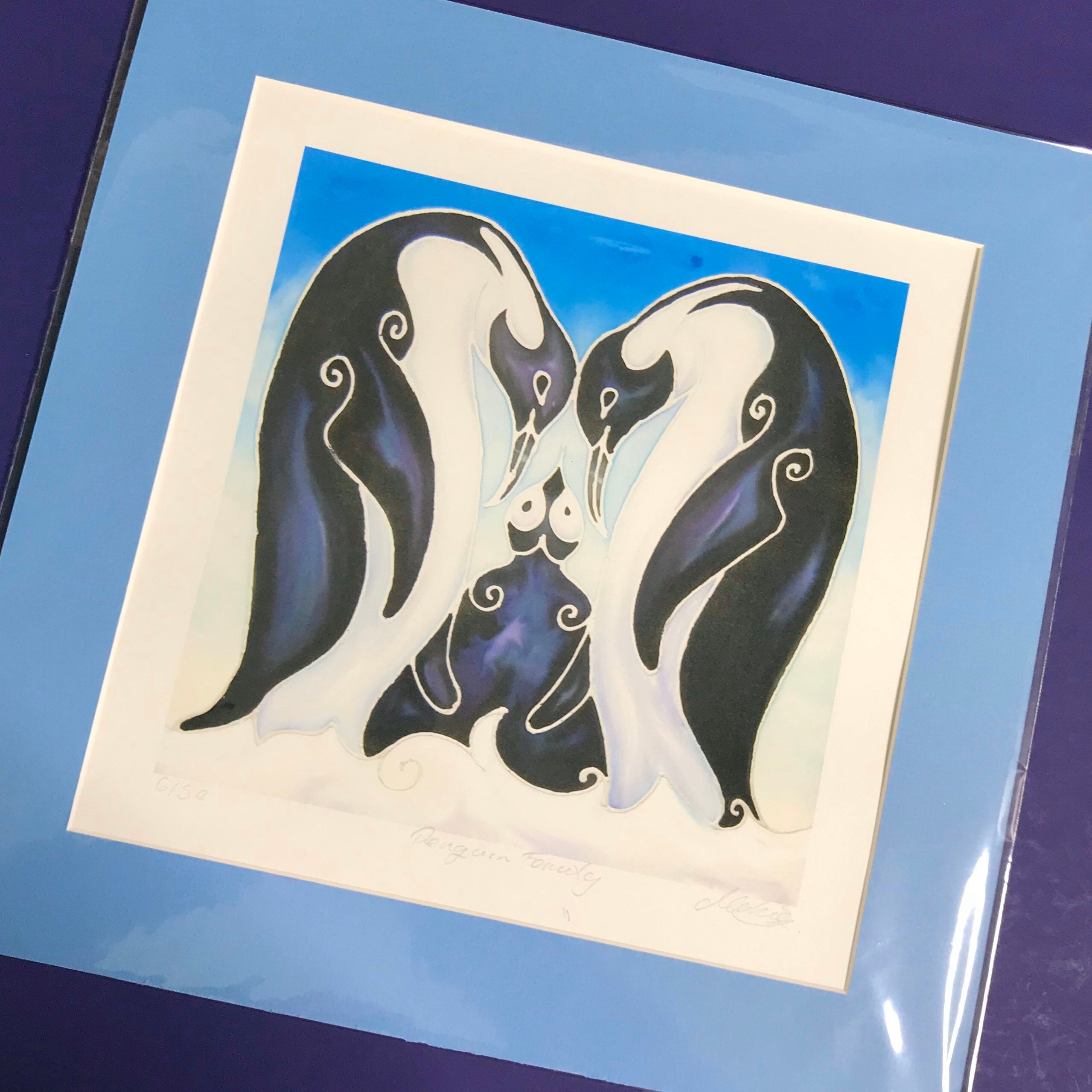 Penguin Family Print - Penguin Print from Original Silk Painting - Penguin Parents & Penguin Baby - Penguins on the Ice - Children's Bedroom