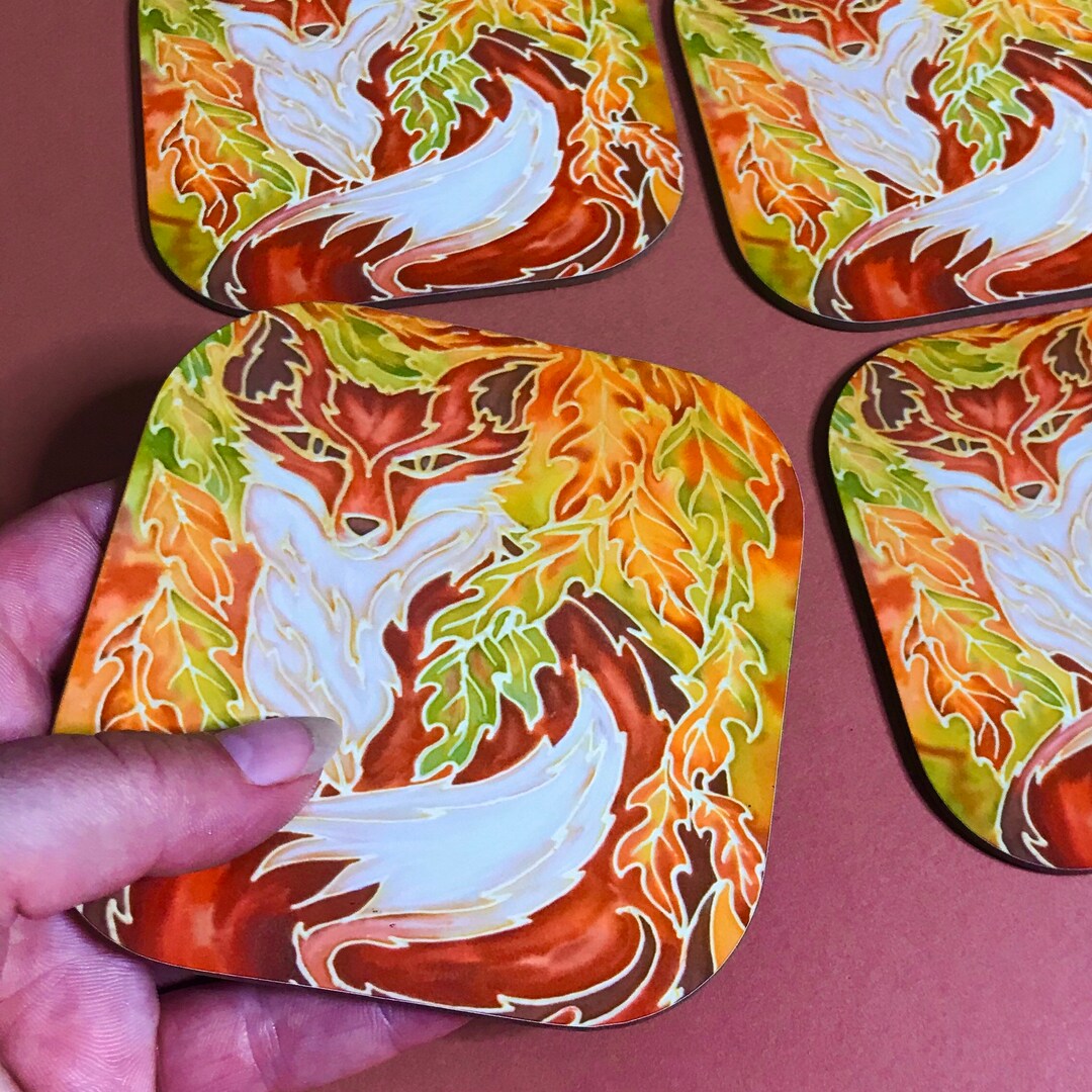 Fox in Oak Leaves Coasters - Red Fox Drinks Mat - Wildlife Lovers ...