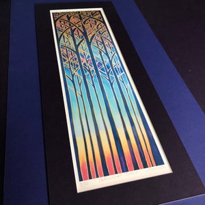 Cathedral Trees Signed Print - Contemporary Wall Art Blue Turquoise Red and Gold Living Room Decor - Striking Woodland Art Print