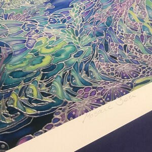 May include: A close-up of a blue and purple abstract painting with silver accents. The painting is signed "Mosaic Veci" in the bottom right corner.