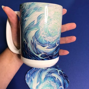 Extra Large Dolphins Mug. Blue Aqua mugs in BIG & standard sizes.  mug & coaster box set. nature lovers gift set. Sealife lovers gift. dolphin lovers gift. gift for him. gift for teacher. gift for her. tea coffee lovers gift.