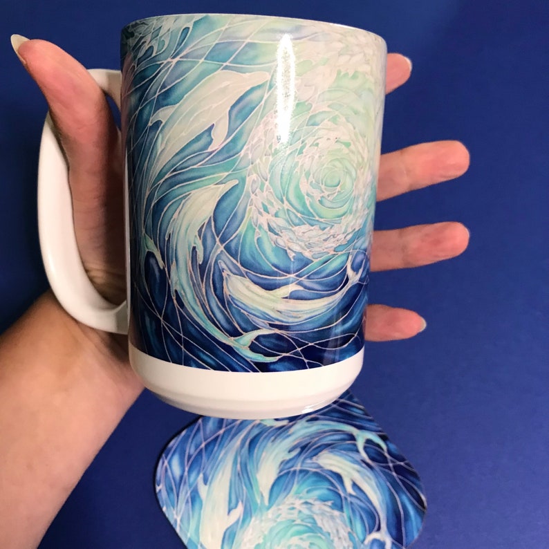 Extra Large Dolphins Mug. Blue Aqua mugs in BIG & standard sizes.  mug & coaster box set. nature lovers gift set. Sealife lovers gift. dolphin lovers gift. gift for him. gift for teacher. gift for her. tea coffee lovers gift.
