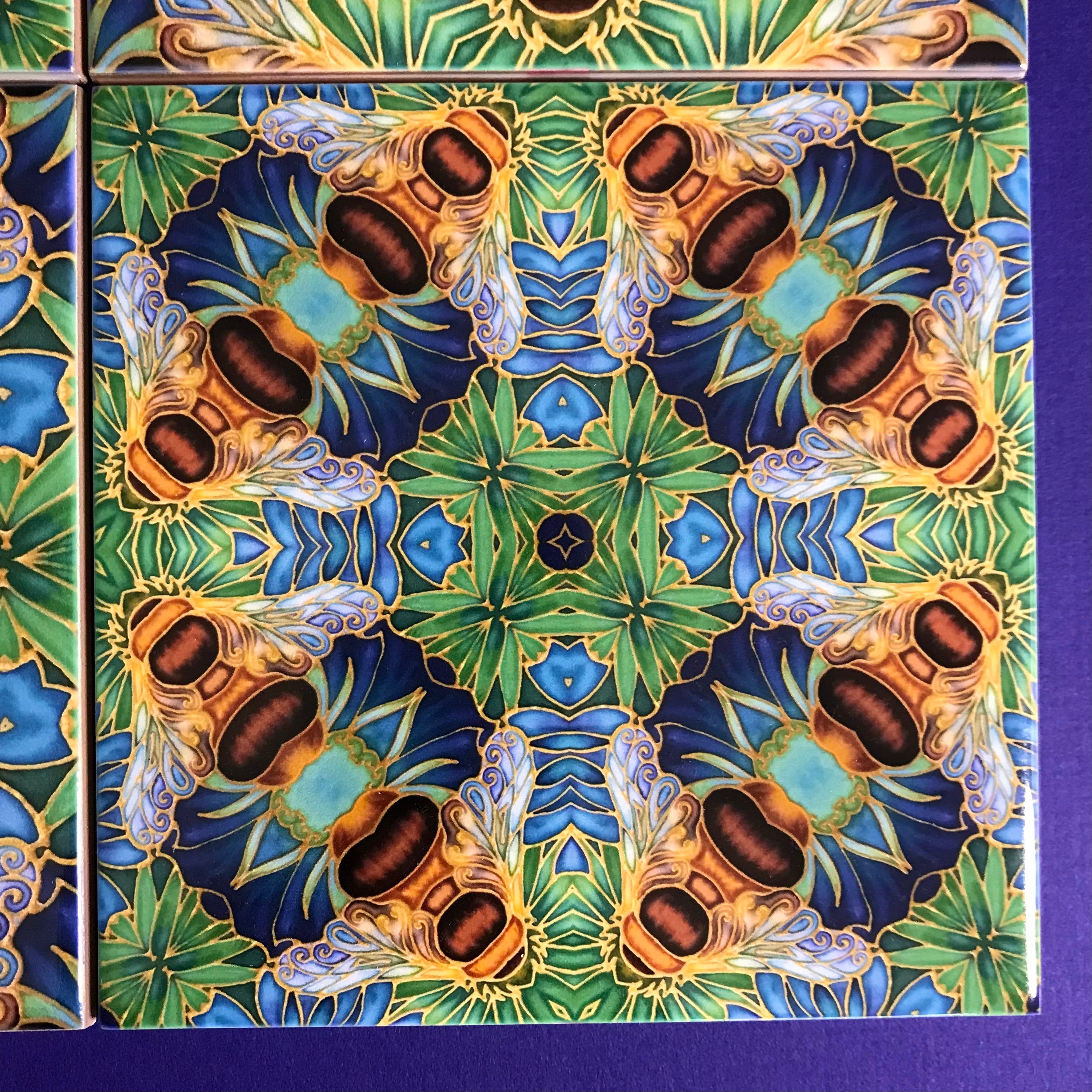 Mixed Set Hand Printed Bees and Flowers Tiles - Bohemian Style Blue ...