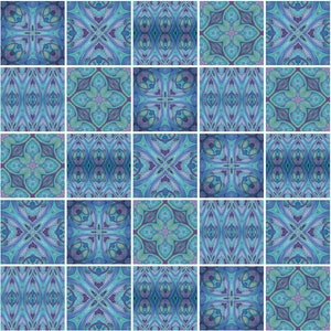 May include: Twenty-five square tiles arranged in a grid, each displaying a different, detailed pattern. The designs are mainly blue, teal, and purple, with swirling, symmetrical motifs. The overall aesthetic is reminiscent of ornate, decorative art.