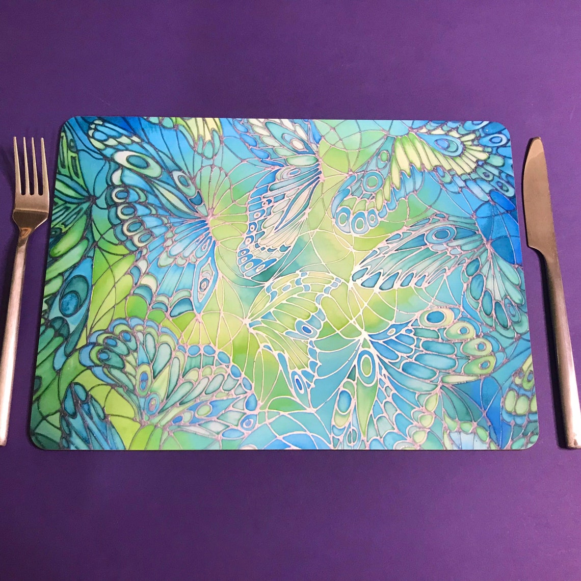 Green Table Mat & Drinks Coaster Set Mint Butterfly Pattern Etsy UK