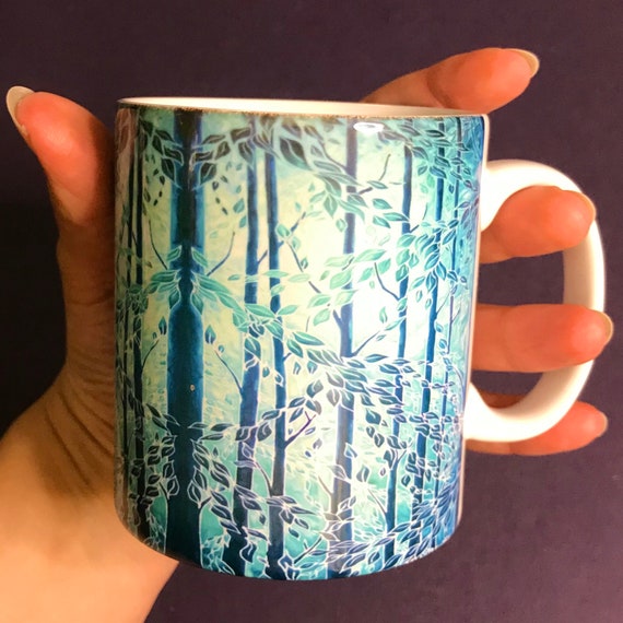 Blue Forest Ceramic Mug OR Into the Woods Mug & Coaster Box Set - Trees Coffee Mug - Turquoise and Green Kitchen Decor - Nature Lover's Gift