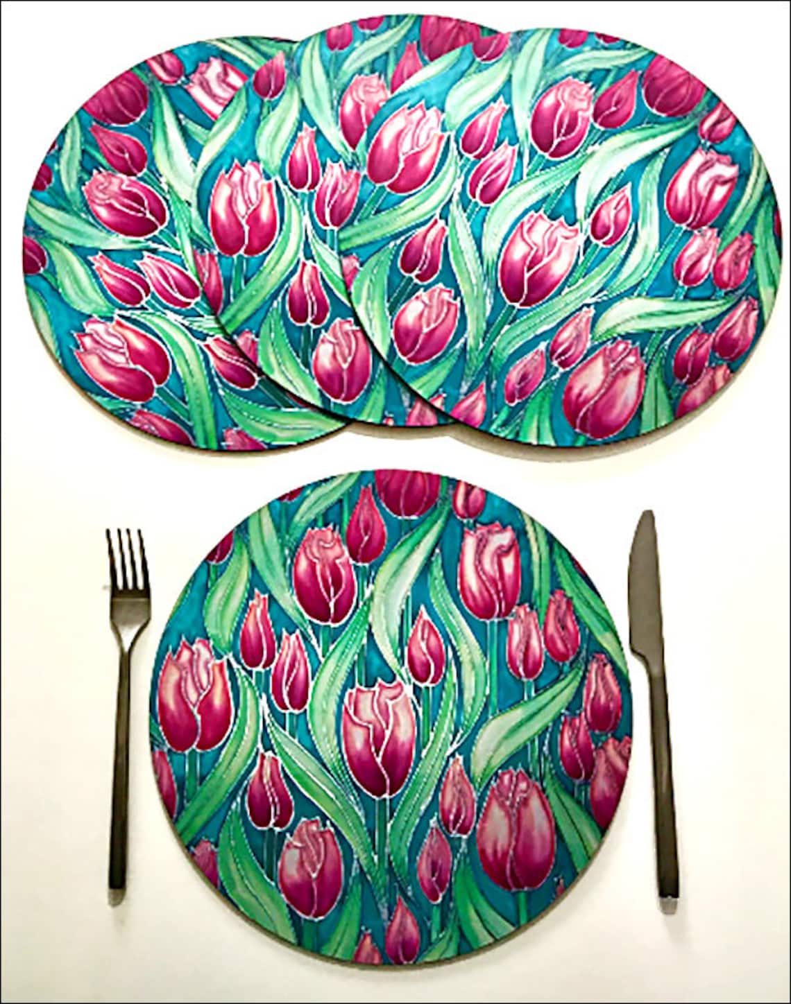 Tulip Flower Round Placemat Pink Tulips & Green Leaf Place Etsy