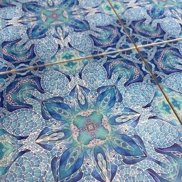 Blue Turtles Mandala Wall Tile - Ultramarine, Grey, Aqua Home Decor - Sea Turtle Kitchen Tile - Sea Life Tile Coasters