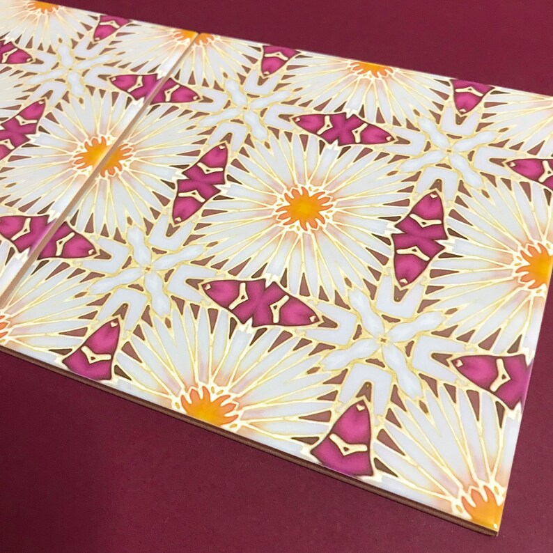 Plum White Gold Art Deco Daisy Flower Hand Printed Wall Tile - Bathroom ...