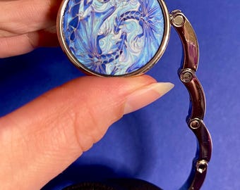 Dragons Handbag Hook - Blue Aqua Bag Hanger - Folding Hook to Hang Your Shopping Bags - Portable Purse Hanger - Gift for Her