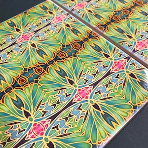 Moss Green Butterfly Decorative Tile -  Nouveau Style Bohemian Hand Printed Wall Tile for Kitchens or Bathrooms