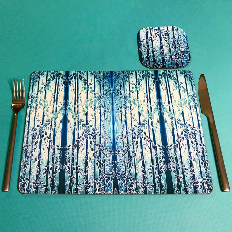 Teal Blue Placemats and Coasters Trees Rectangular Dining Etsy UK