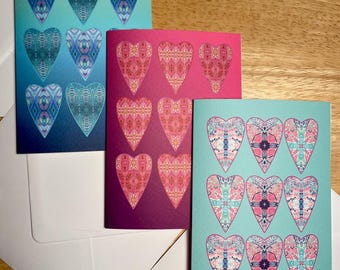 Intricate Heart Greetings Cards, Folky Bohemian Style, A6 Size