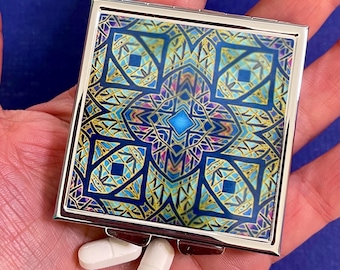Rose Window Pocket Pill Box - SALE 25% OFF Large Pill Container for Handbag - Blue Gold Turquoise Bathroom Decor - Gift for Grandad, Nan