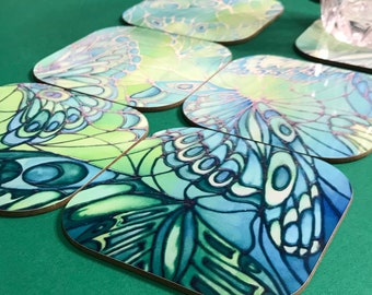 Fresh Mint Green Coasters, Set of 8 - Pretty Butterfly Drink Mat Coasters Tableware