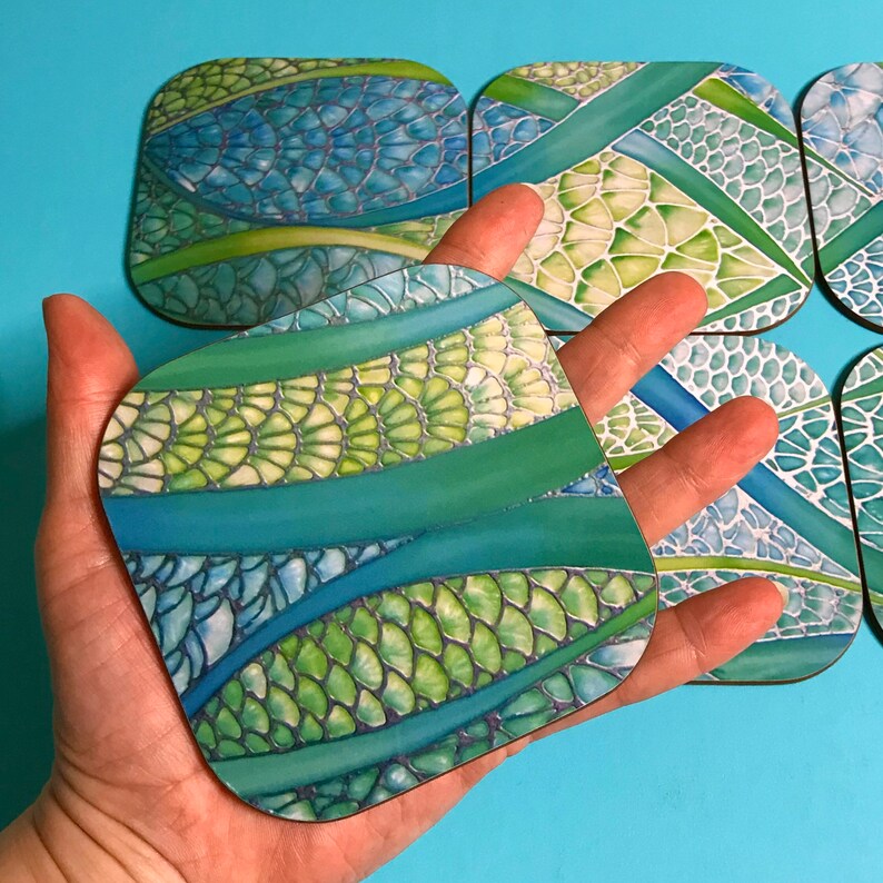 Green Table Mat & Drinks Coaster Set Mint Water Pattern Wine Etsy UK