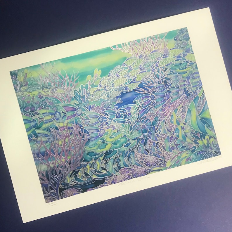 May include: A colorful abstract painting of an underwater scene with blue, green, and purple hues. The painting features a variety of shapes and patterns, resembling coral, seaweed, and fish. The artwork is framed and ready to hang.