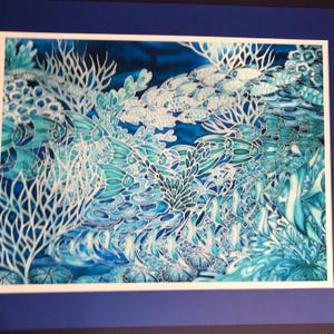 coral reef large art piece in blues and aquas. limited edition signed art print from an original painting on silk by Meikie. 65x85cm unmounted print with 2.5cm border, printed area 60x80cm.