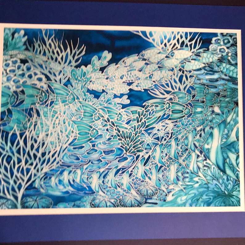 coral reef large art piece in blues and aquas. limited edition signed art print from an original painting on silk by Meikie. 65x85cm unmounted print with 2.5cm border, printed area 60x80cm.