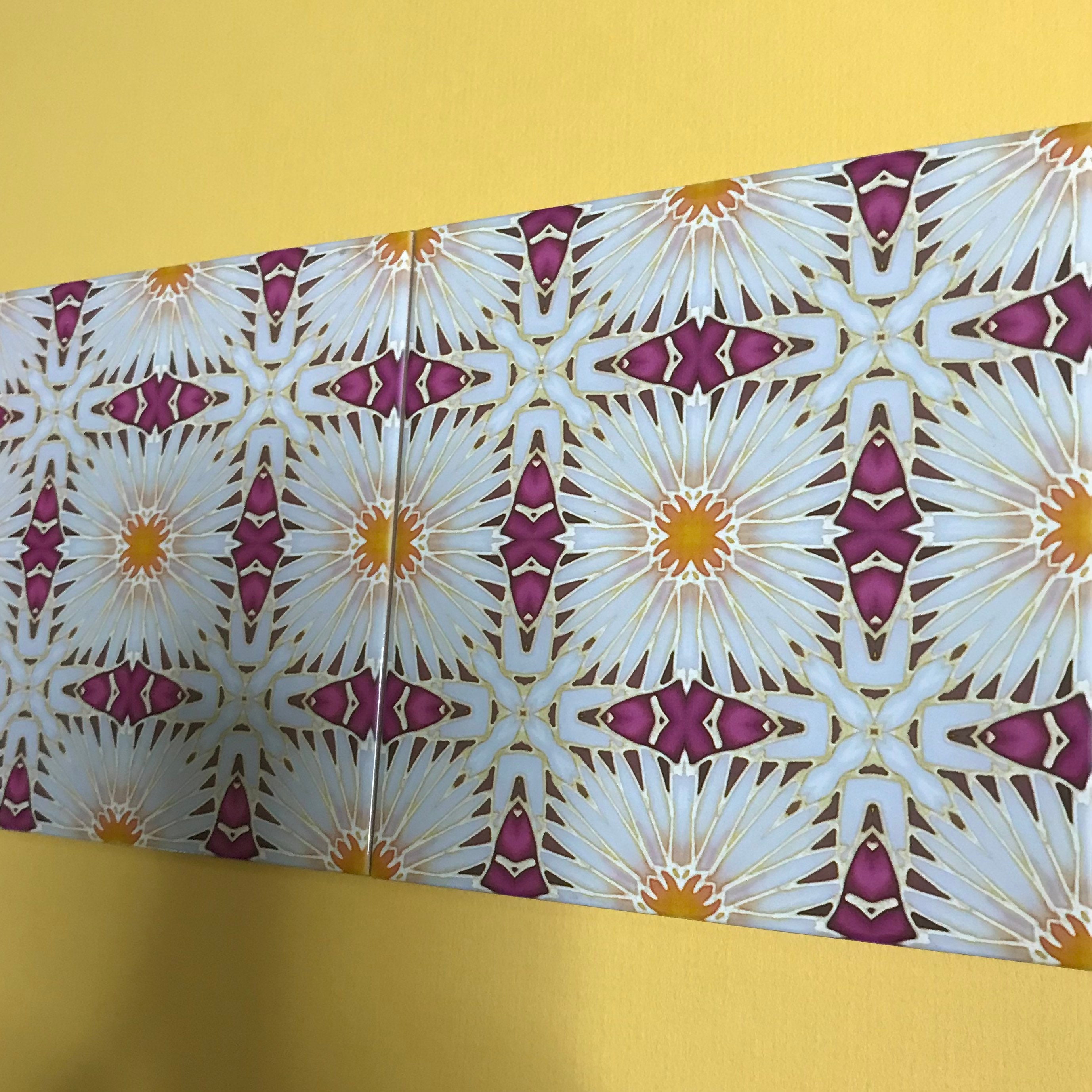 Plum White Gold Art Deco Daisy Flower Hand Printed Wall Tile - Bathroom ...