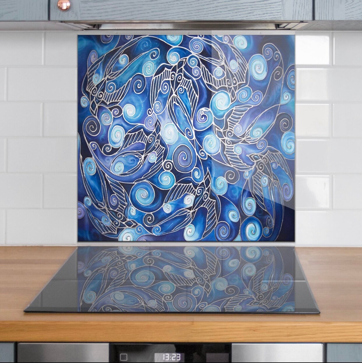 Kitchen Glass Panel, Wall Protector, Abstract Fractal Pattern Backsplash,  Red Splashback for Kitchem, Blue, Abstract, Tempered Glass 