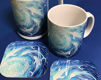 Blaue Delphin-Tee-Kaffeetasse in extra großen und regelmäßigen Größen, Untersetzer für Box-Set - großartiges Geschenk für Kollegen und Tee- oder Kaffeeliebhaber