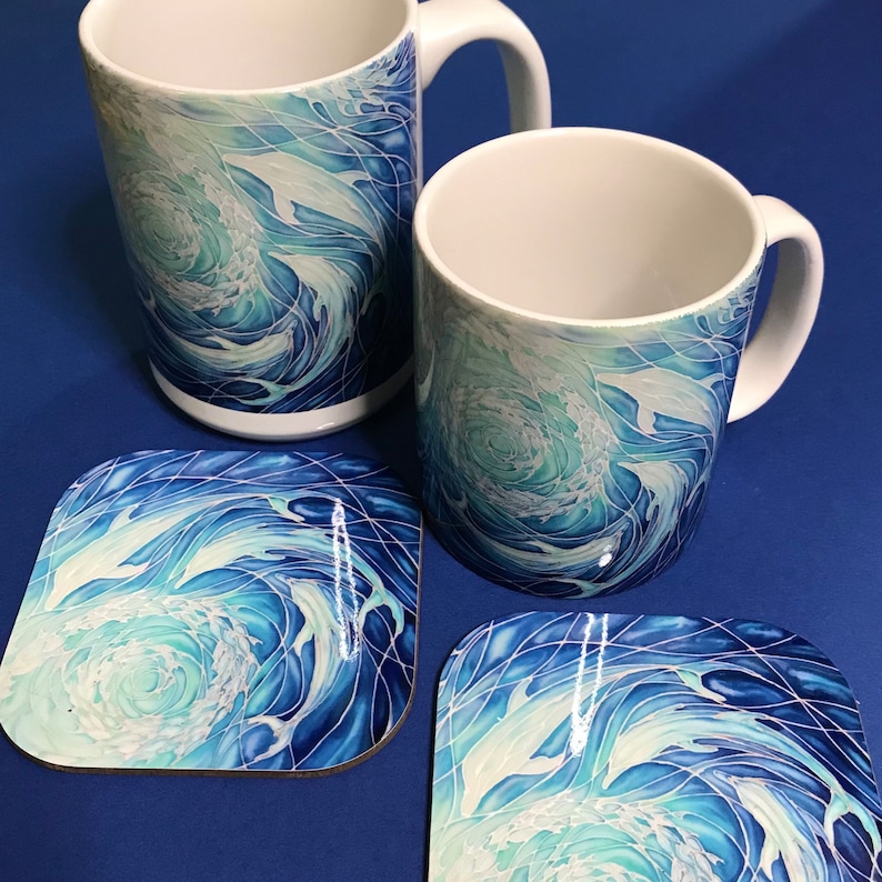 Extra Large Dolphins Mug. Blue Aqua mugs in BIG & standard sizes.  mug & coaster box set. nature lovers gift set. Sealife lovers gift. dolphin lovers gift. gift for him. gift for teacher. gift for her. tea coffee lovers gift.